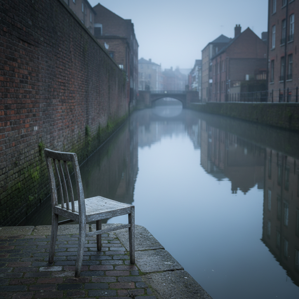 Een smalle stadsrivier in de vroege ochtend, omzoomd door oude bakstenen kademuren, waartussen een eenzame, verweerde houten stoel naar het water gericht staat. Mist hangt laag boven het gladde wateroppervlak, waarin de bruggen en gevels slechts als vage schimmen weerspiegeld worden. Zacht, diffuus grijsblauw licht van een bewolkte lucht maakt alle kleuren ingetogen en melancholiek. De compositie volgt de regel van derden, met de stoel in de voorgrond en de rivier die diagonaal de diepte in leidt. Fotorealistische weergave met veel detail in het hout en de baksteen, de sfeer is stil, beschouwend en licht weemoedig, alsof er net een ultrakort verhaal verteld is en de echo nog in de lucht hangt.